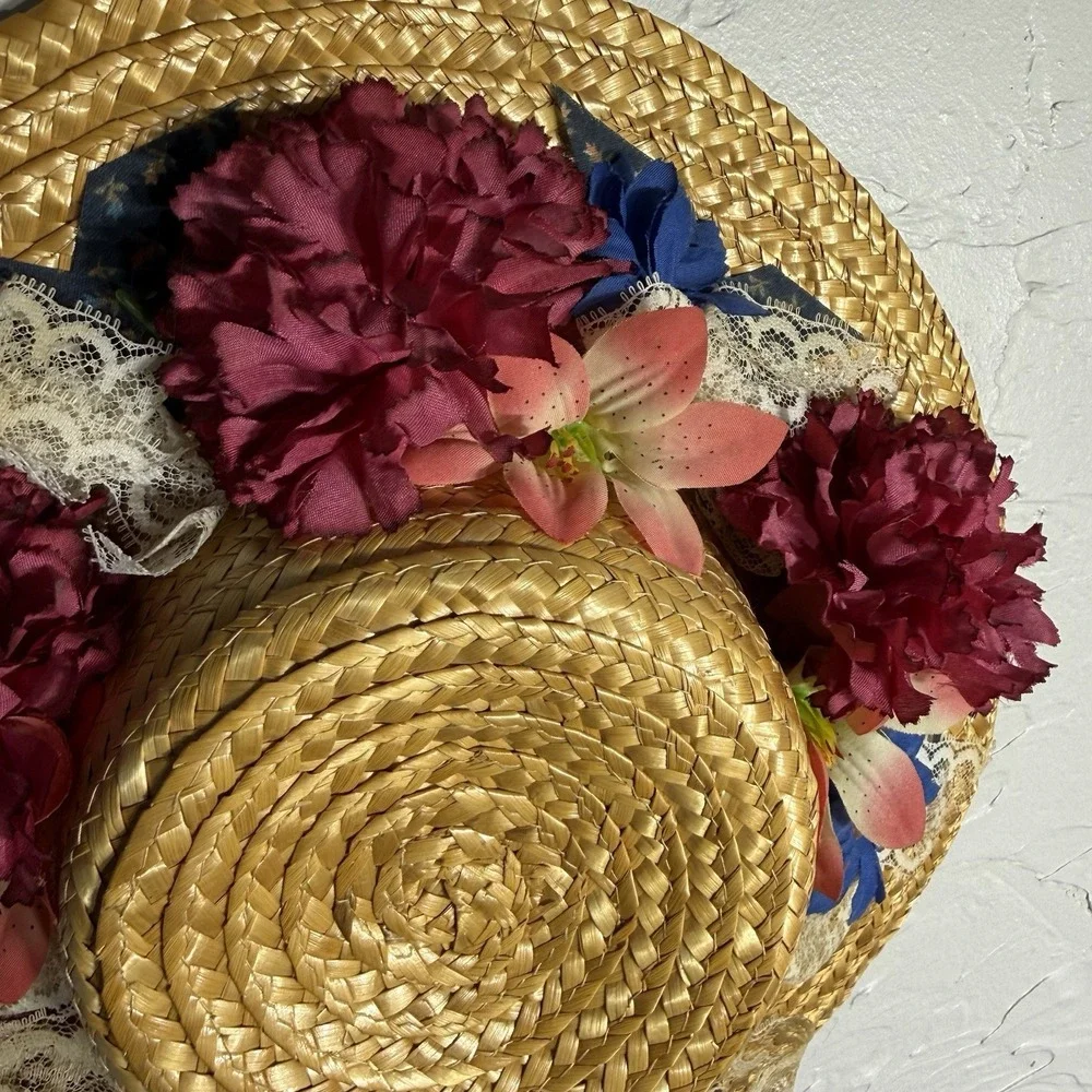 Vintage Handmade Straw Hat Wreath: Floral Door/Wall Decor Prairie Cottage Core